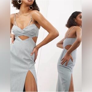 ASOS Sea Moss Blue Linen Cutout Spaghetti-Strap Midi Dress